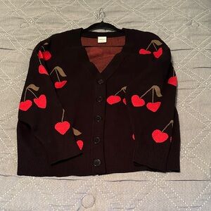 Trendy Black Cardigan with Red Cherry Pattern